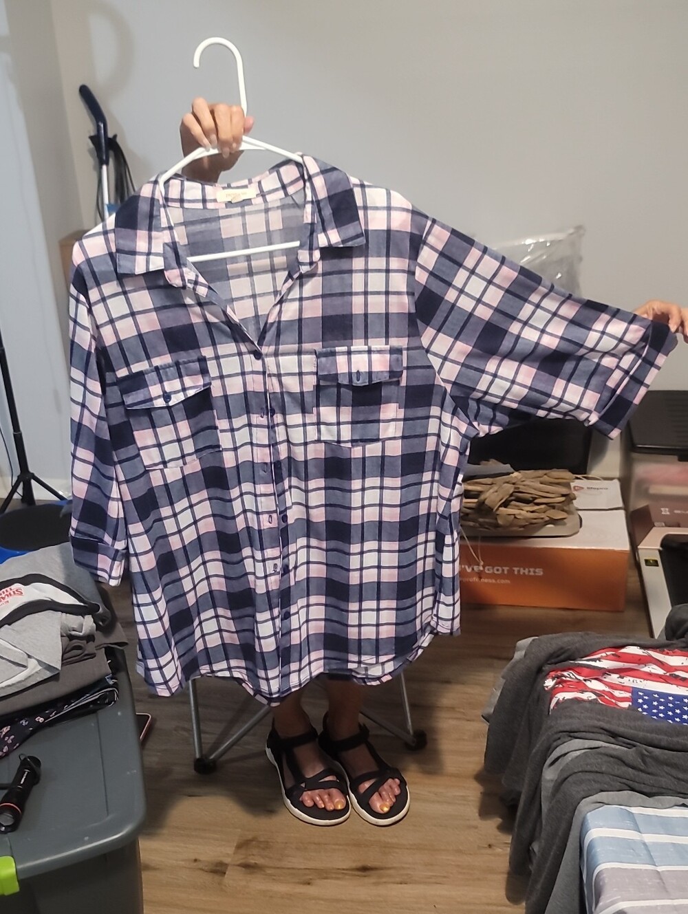 Casual Womens  Pink & Navy Plaid Button-Up Shirt